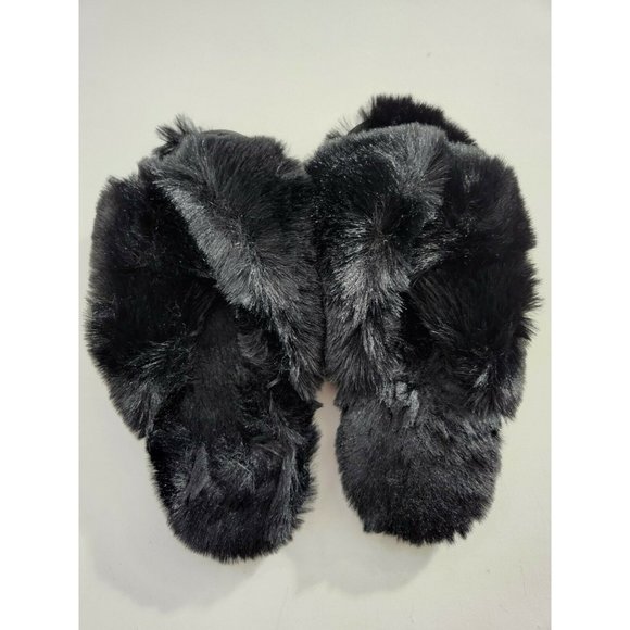 NWOT MeMoi Beverly Cozy Black Fur Criss Cross Open Toe Memory Foam Plush Slipper - Picture 3 of 4
